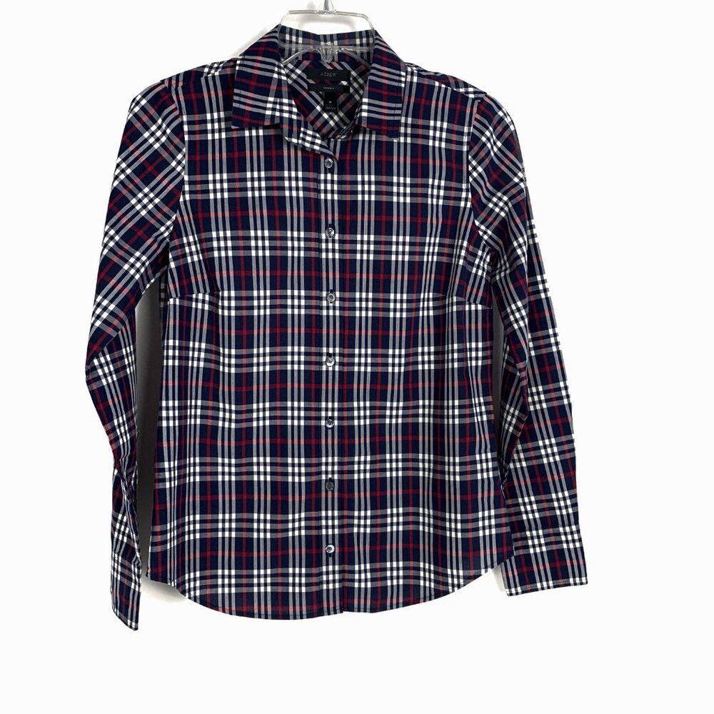 J Crew Shirt Blouse in Navy Blue, Red and White Plaid Perfect Fit Style - 4